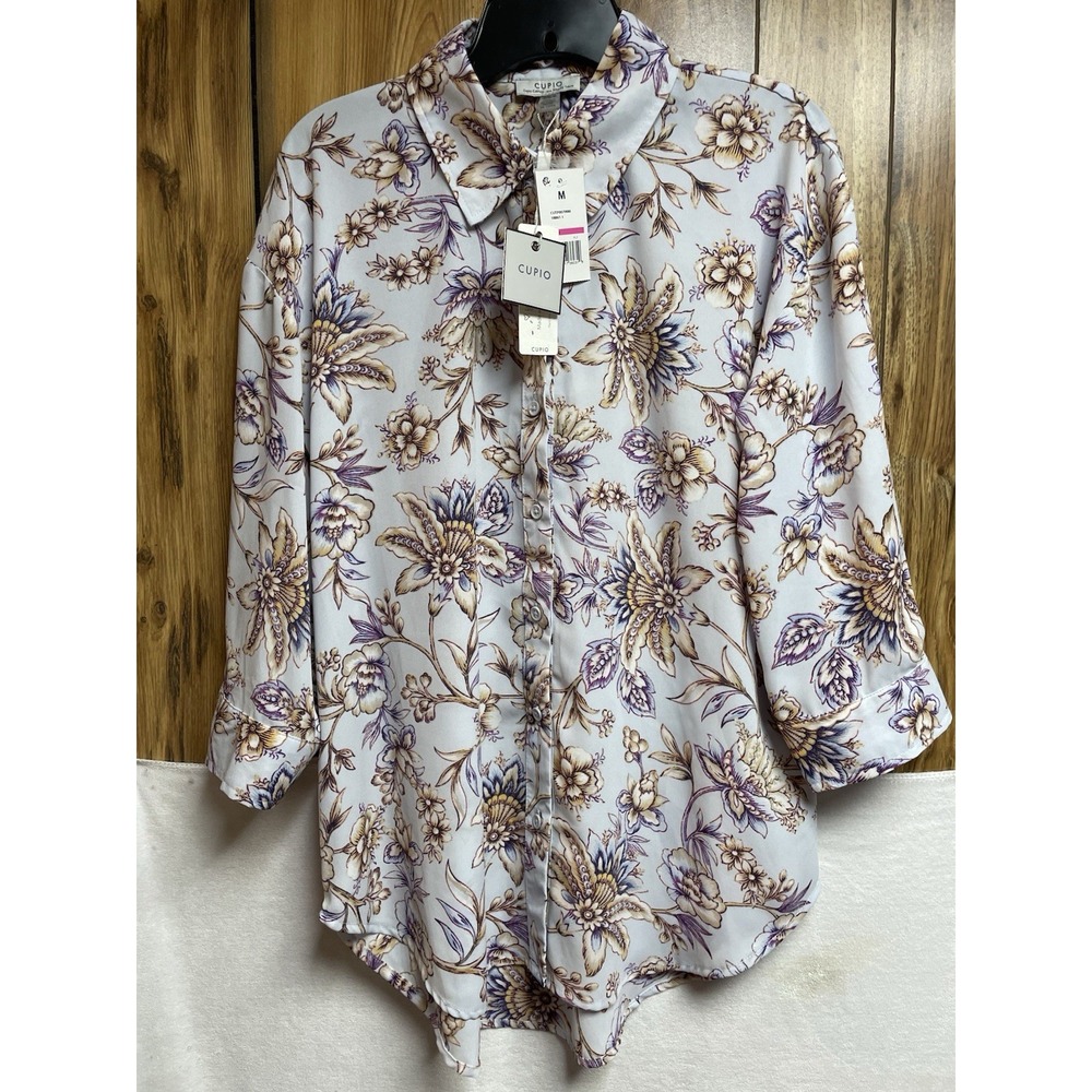 Cupio Womens Blouse Medium Floral Blue Purple Button Sheer NWT Casual cocktail